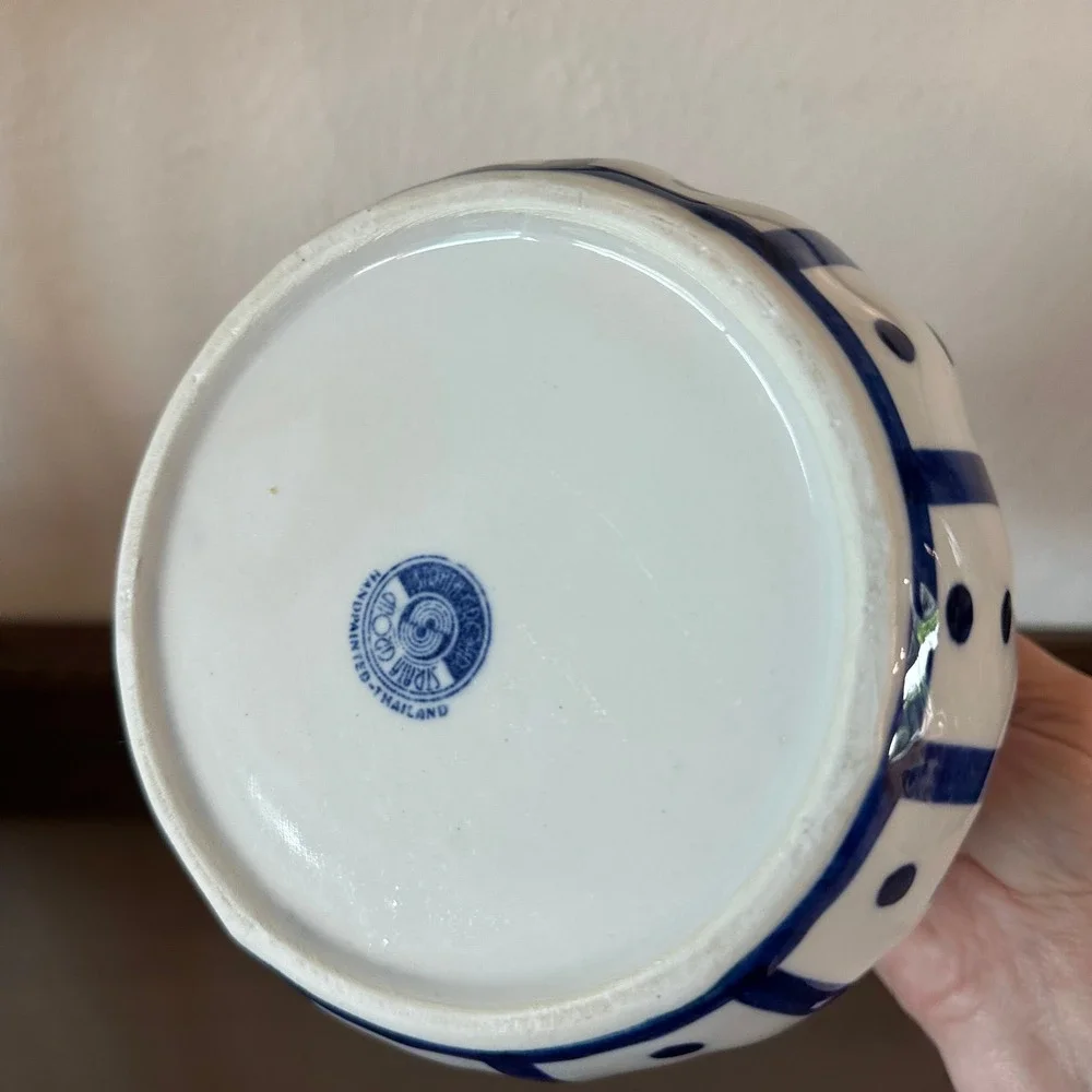 Strata Group Blue White Ceramic Bag Vase 7'' x 6'' Polka Dot Stripe Thailand